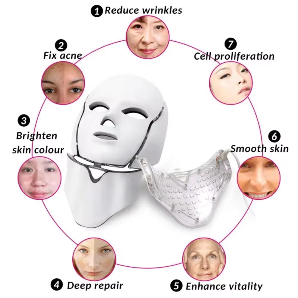 OEM Home Beauty Face Neck Led Mask Device Skin Care Treatment Photon PDT Light Therapy 7 Colors LED Facial Masker